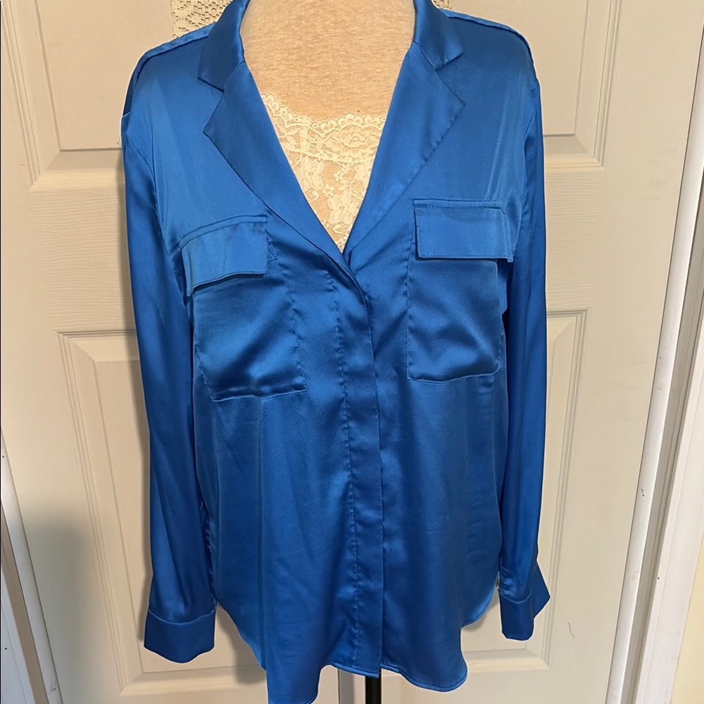 Satin Blue Women's Blouse by WHBM Sz M
